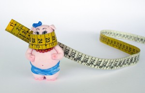 Pig figurine with a measuring tape around it's head.  Need to lose weight?